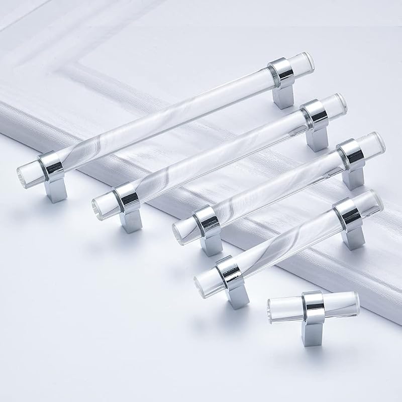 10 Pomos Cristal Barra T Cromo Pulido para Gabinetes