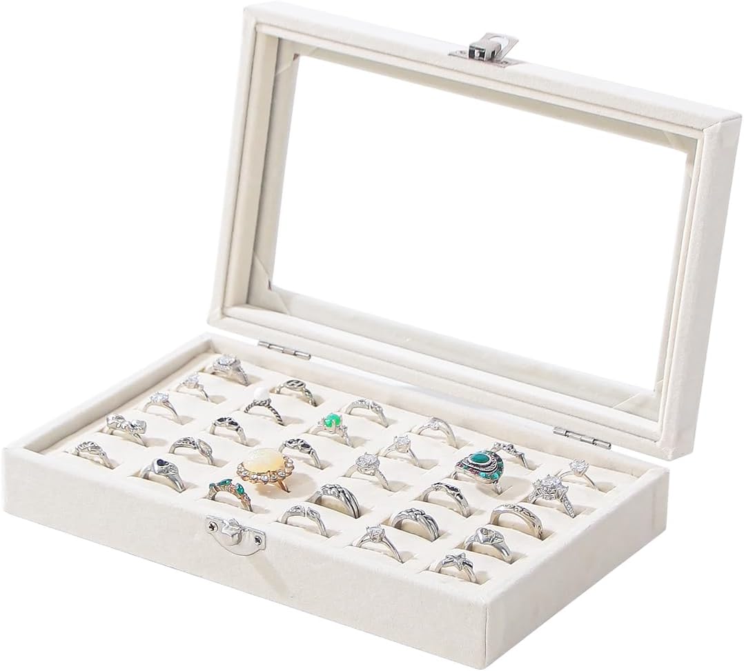 Caja anillos terciopelo con tapa 30 ranuras beige