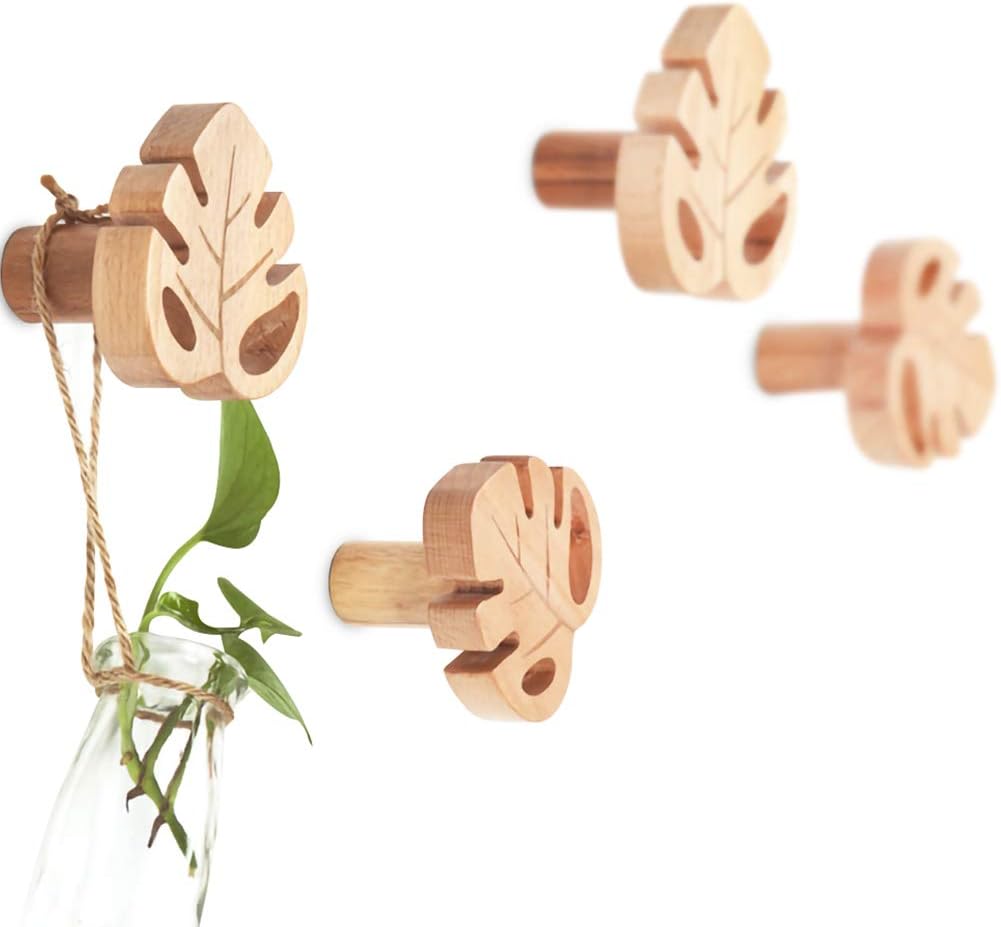 4 Ganchos Madera Monstera Pared Organiz. Ropa