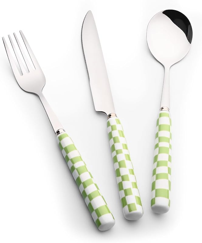 Set 3 Pzas Cubiertos Acero Inox Mango Cerámica Patrón Ajedrez Verde