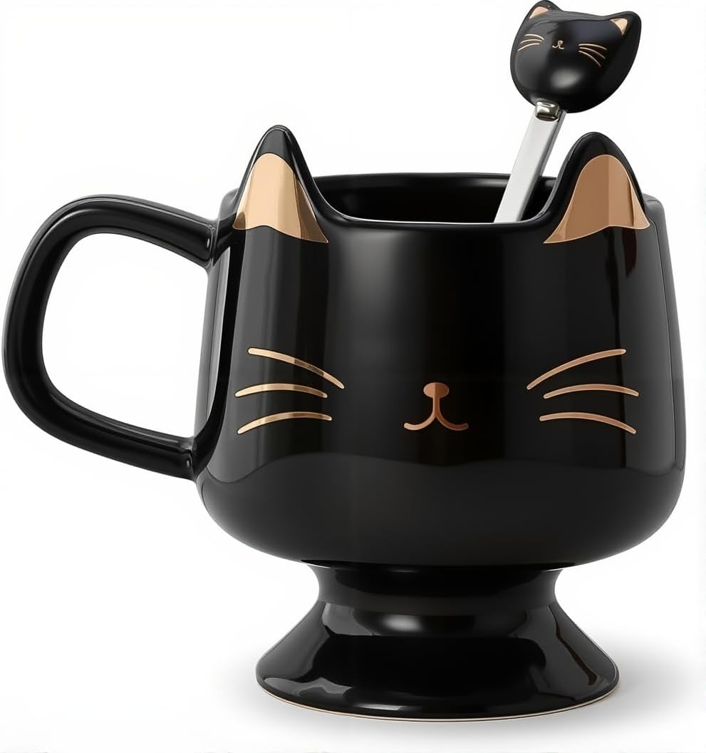 Taza de café de cerámica con cuchara y diseño de gato negro