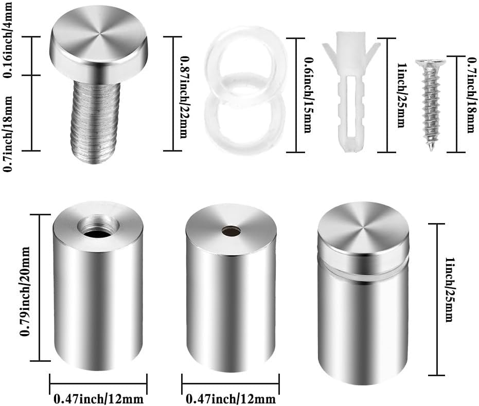 Tornillos acrílico 0.5x1pulg soportes metálicos 24pzas
