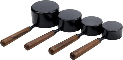 Set 4 Tazas y Cucharas Medidoras Negro Mango Madera Acero Inox