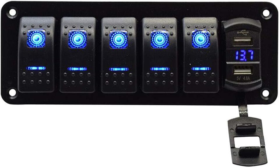 Panel 5 interruptores aluminio cargador USB 4.8A LED azul