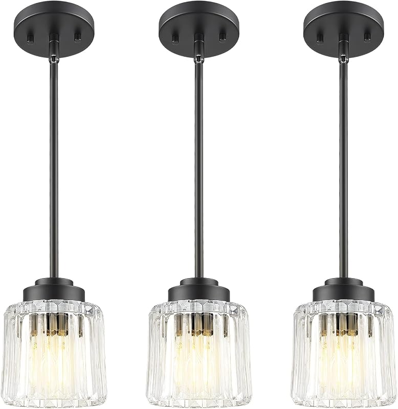 3 Pzas Farol Colgante Vidrio Ondulado Negro Mate