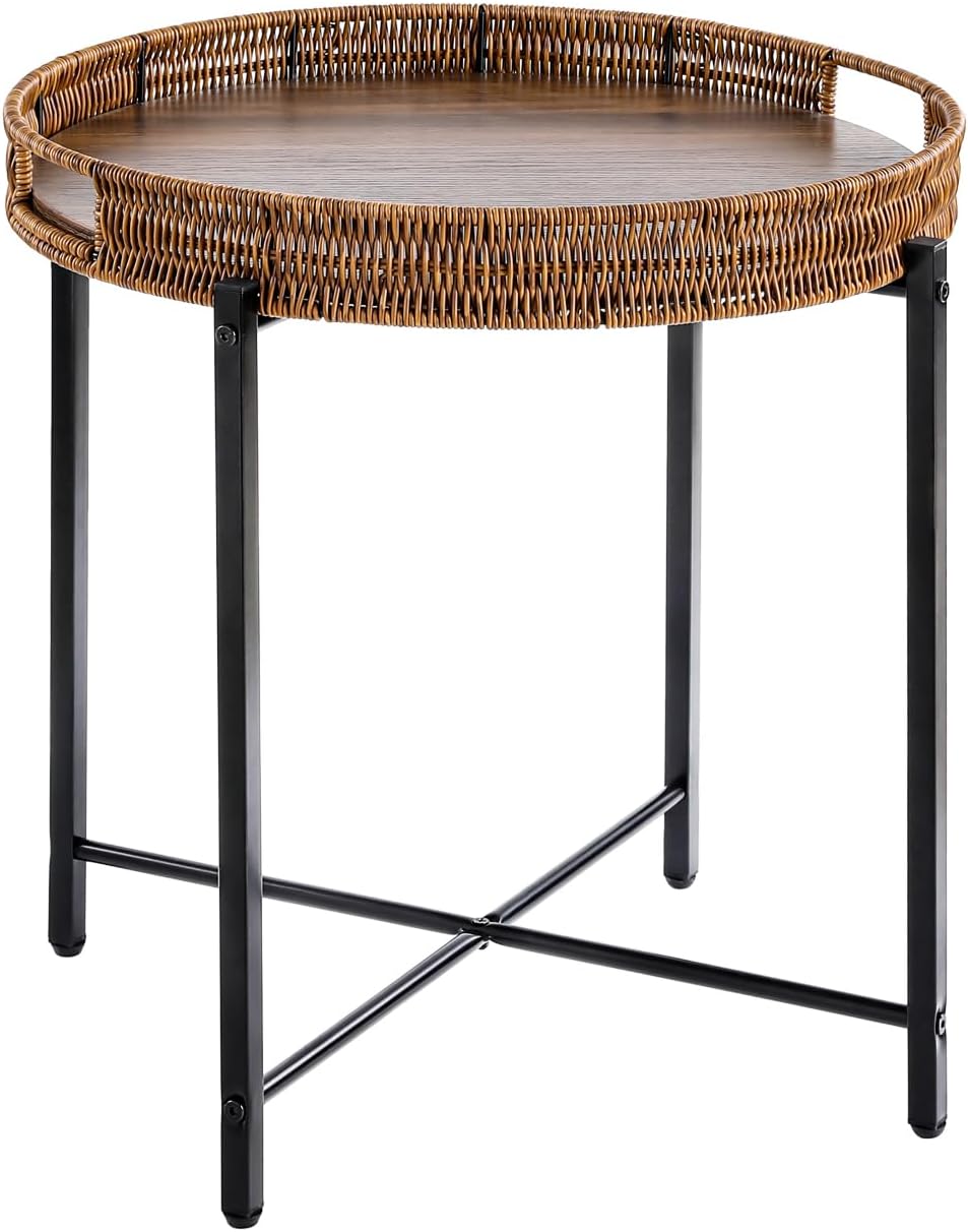 Mesa auxiliar redonda ratán 19pulg madera color marrón