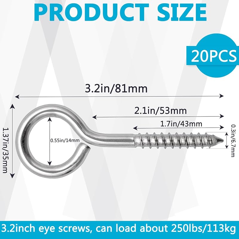 20 Ganchos Ojo 3.2pulg Acero Inox Resistentes para Madera
