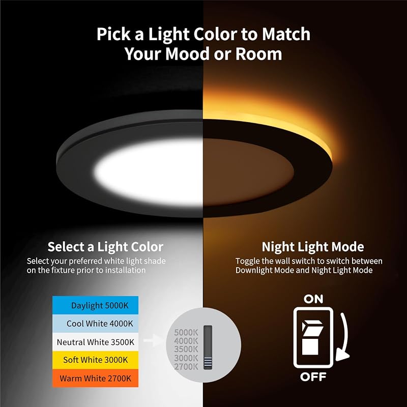 6 Luces LED Empotrables 6" 2700K-5000K 12W Borde Negro
