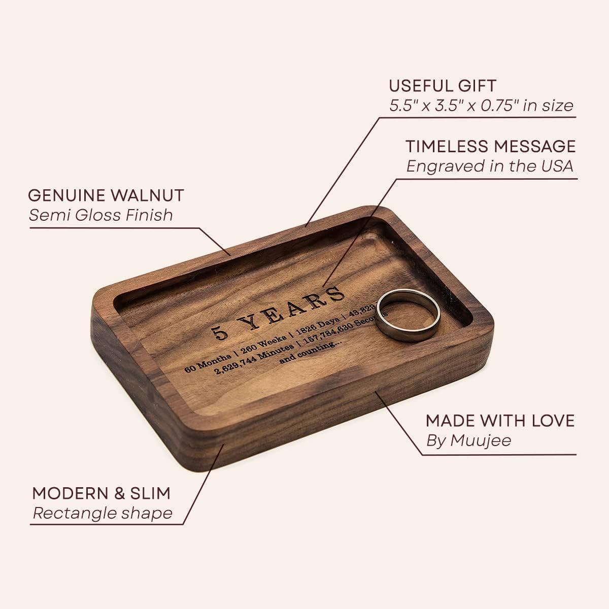 Plato anillos madera rectangular 5.5x3.5"
