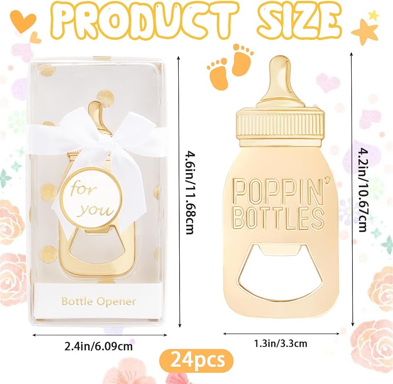 24 Abrebotellas Dorados para Baby Shower con Caja Regalo