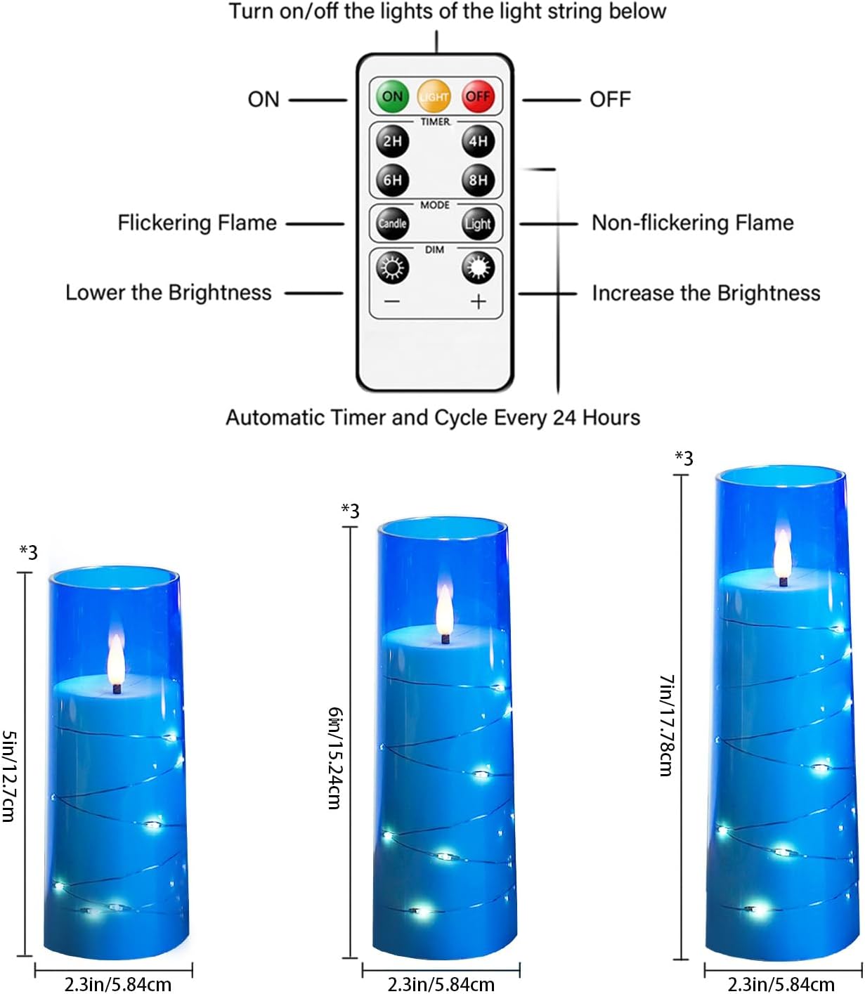 Velas LED parpadeantes 9 pzas cadena estrellas control