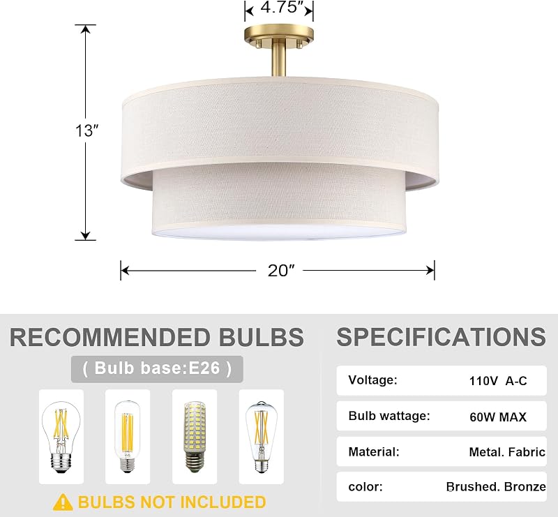 Lámpara semiempotrada 4 luces tela lino crema 20pulg