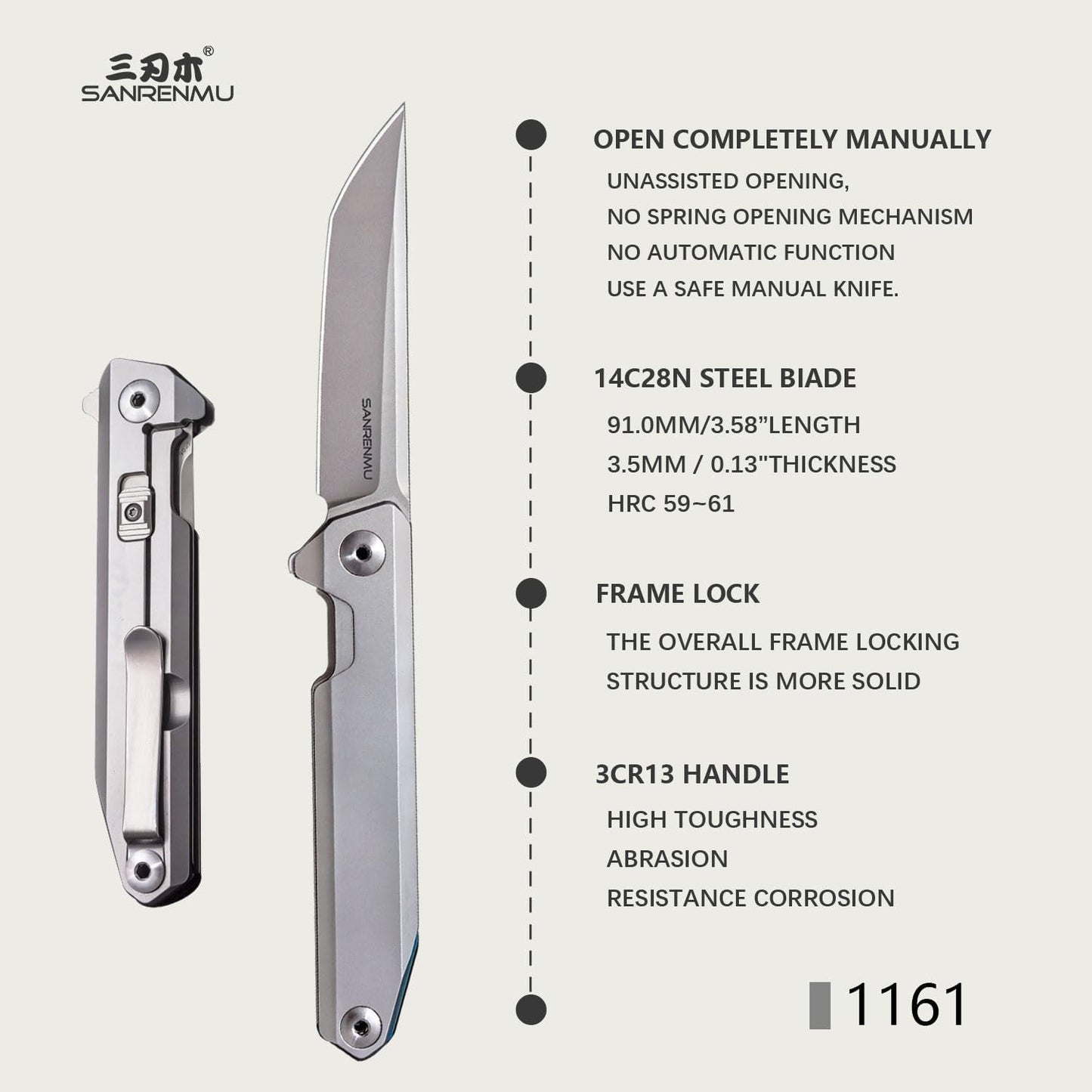 Cuchillo táctico plegable acero 14C28N con bloqueo