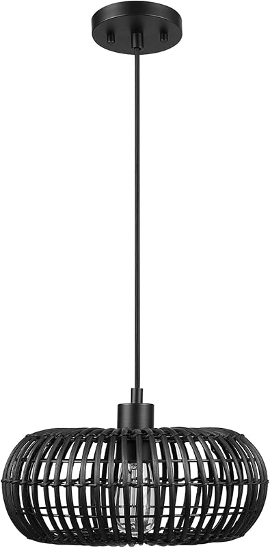 Lámpara colgante 1 luz negro mate pantalla ratán