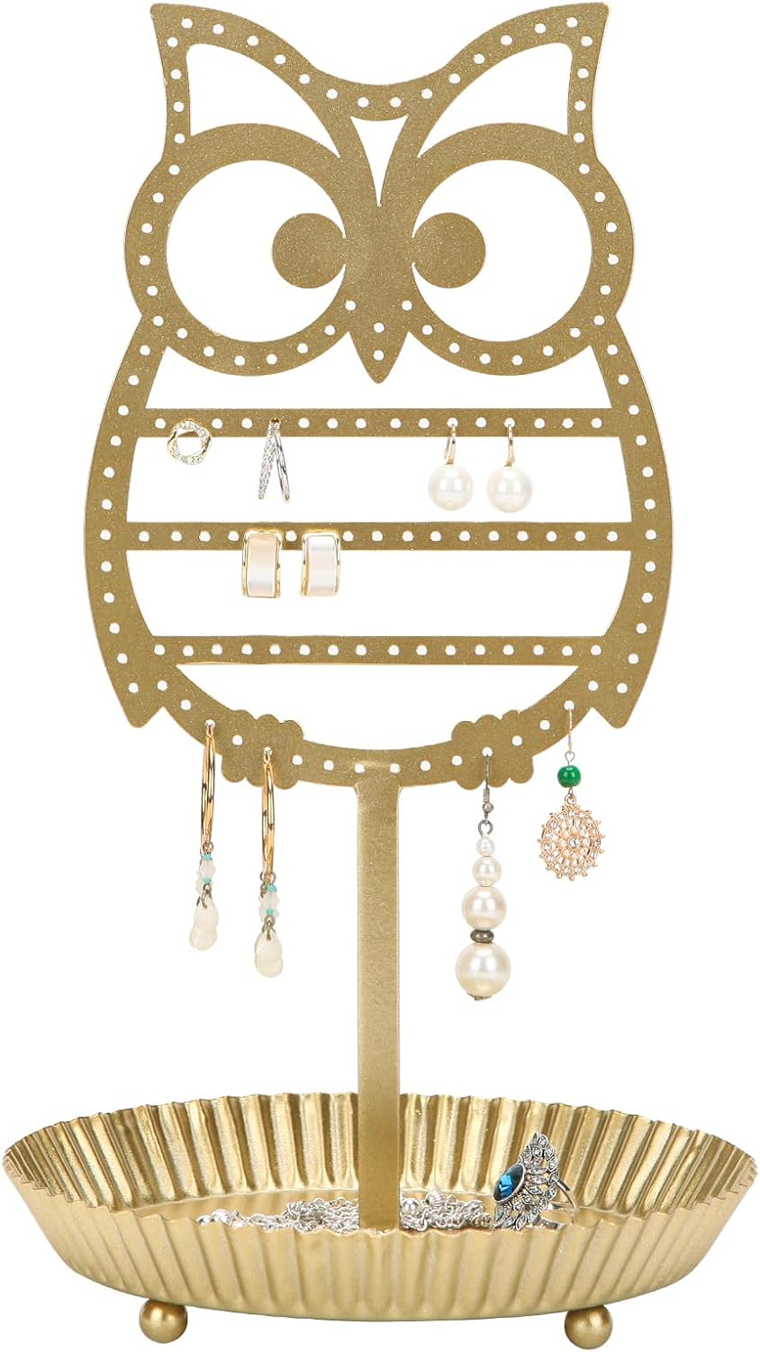 Soporte joyería metal forma árbol lechuza con bandeja anillos