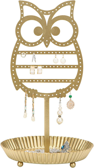 Soporte joyería metal forma árbol lechuza con bandeja anillos