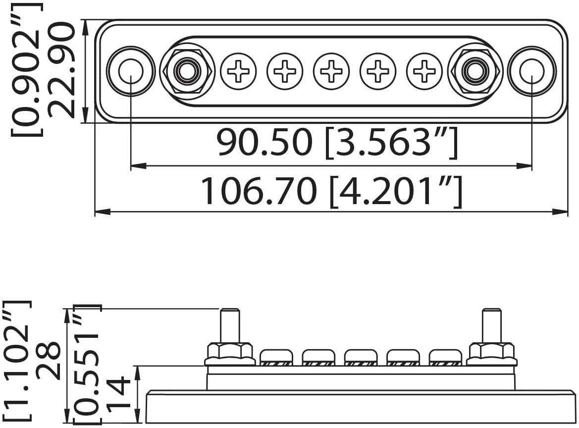 Bloque distribución energía cobre 100A 12V 4 postes 3/16"