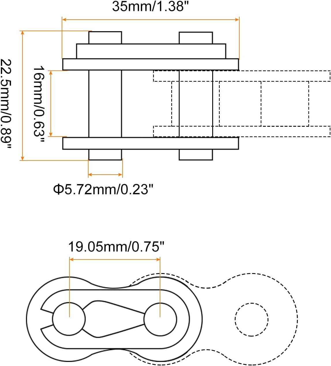 8 Eslabones cadena rodillos 12B-1 acero carbono 0.75pulg