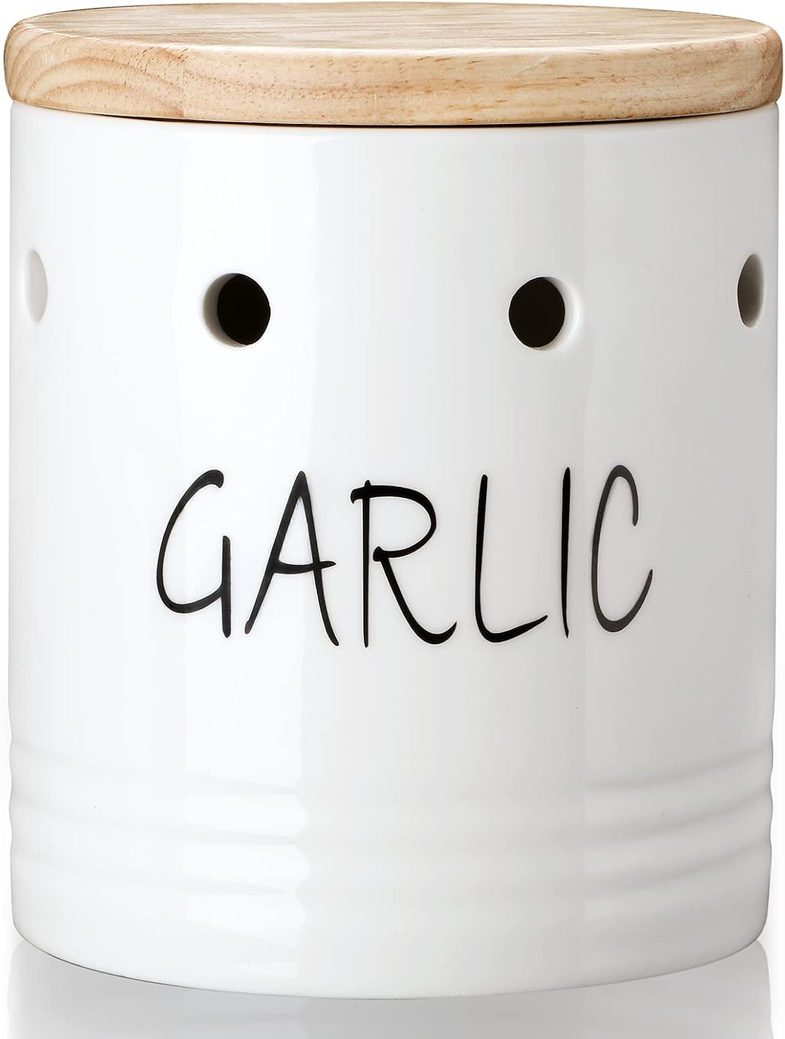 Contenedor ajo cerámica tapa madera 4.5pulg blanco