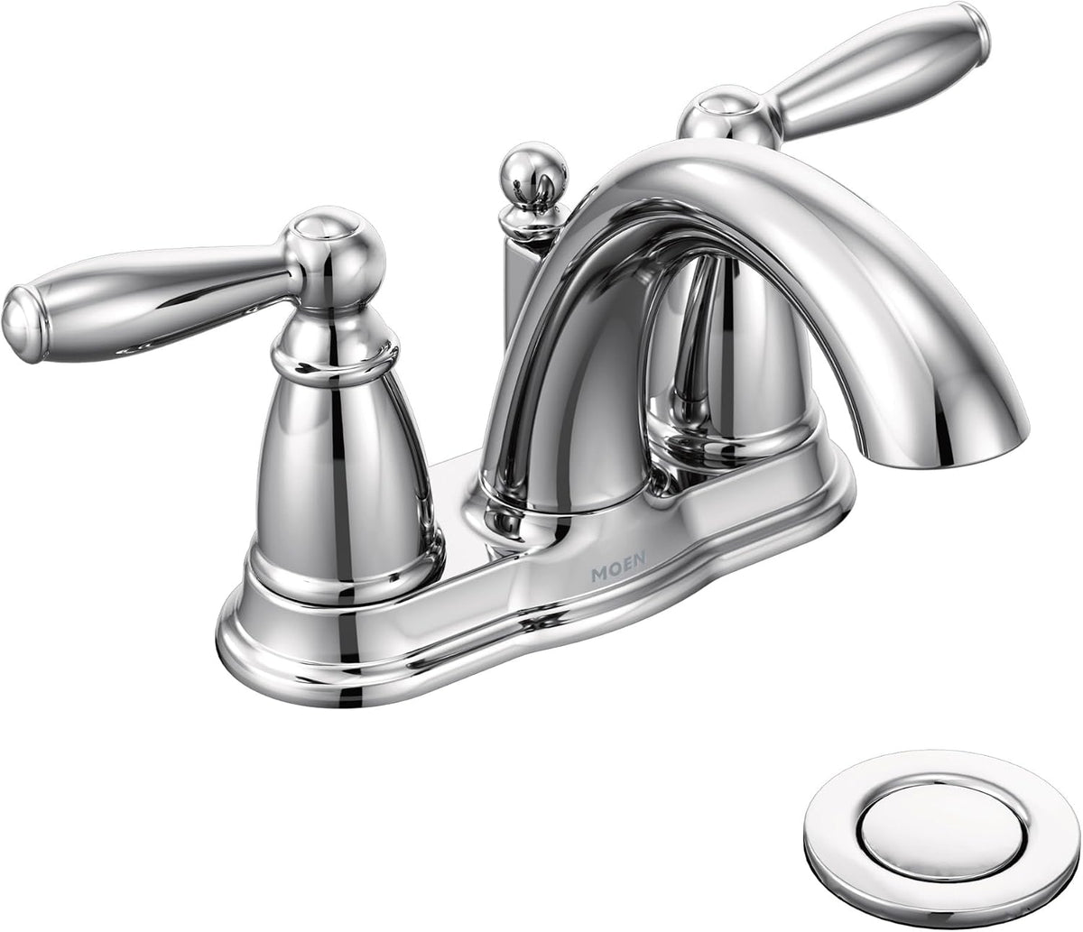 Llave baño arco bajo cromo dos manijas montaje desagüe