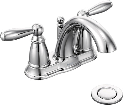 Llave baño arco bajo cromo dos manijas montaje desagüe