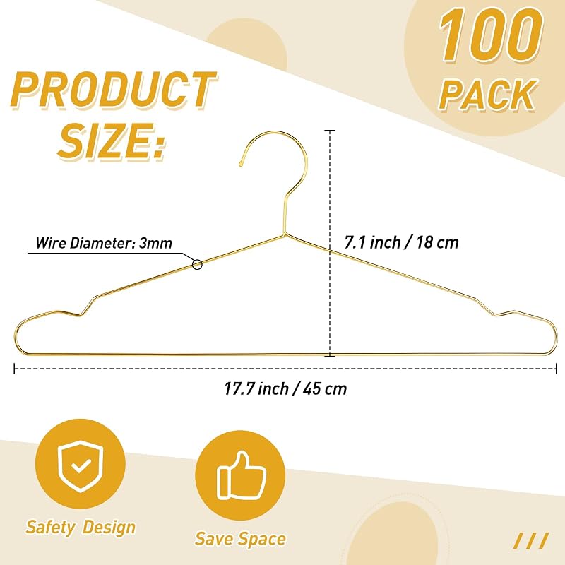 100 Ganchos Acero Inox para Ropa 17.7pulg Dorado