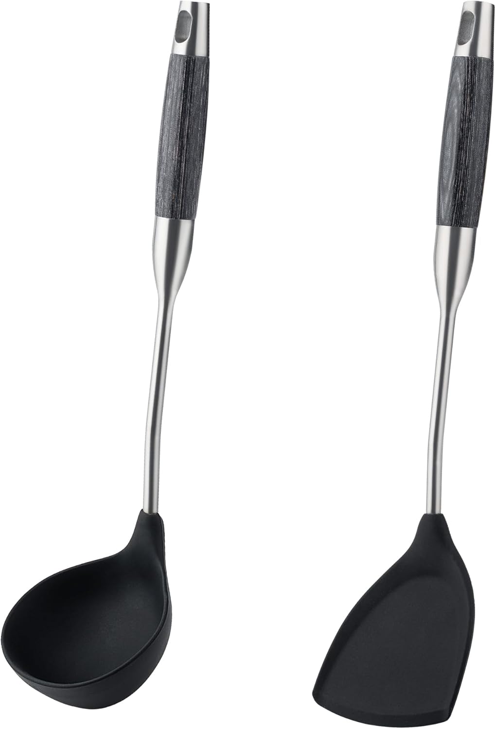 Set 2 Utensilios Silicona Wok Acero Inox Negro