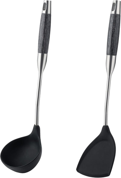Set 2 Utensilios Silicona Wok Acero Inox Negro