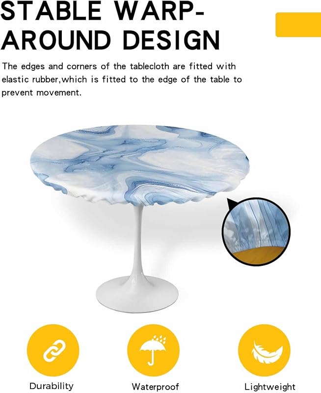 Mantel redondo azul y blanco textura mármol elástico impermeable