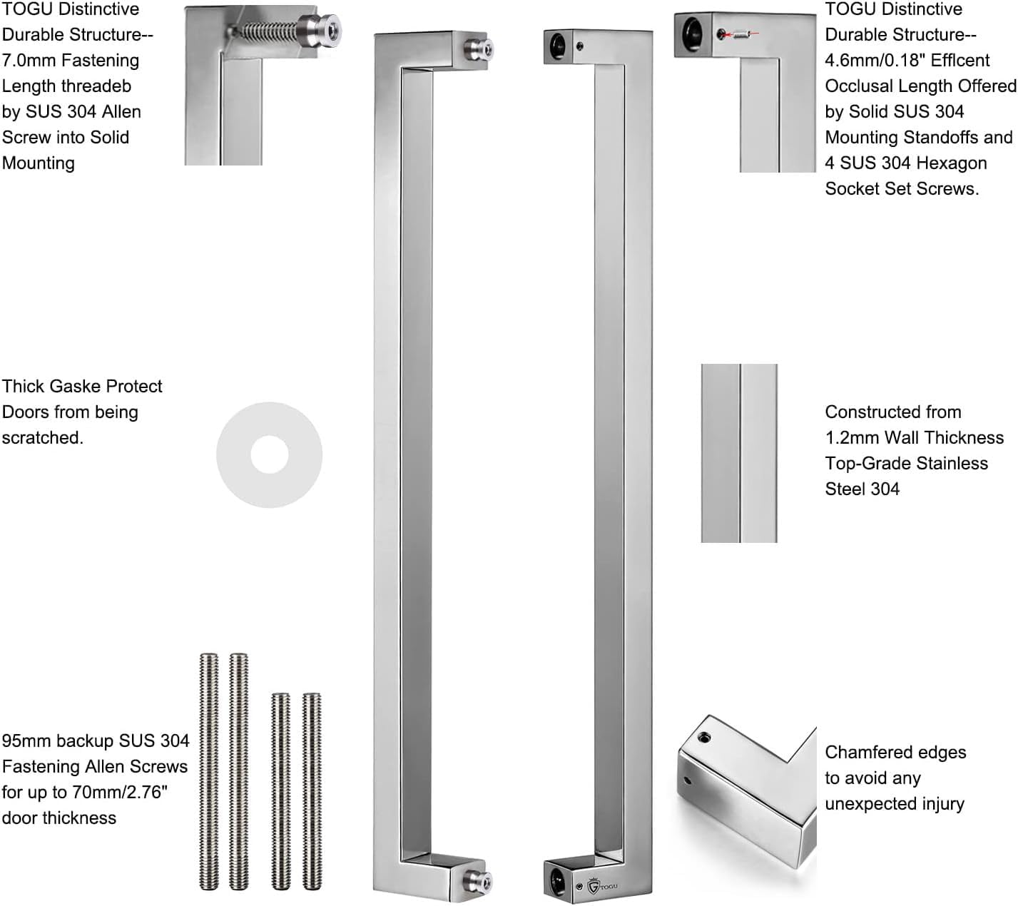 Manija puerta acero inox 304 cuadrada/rectangular cromado
