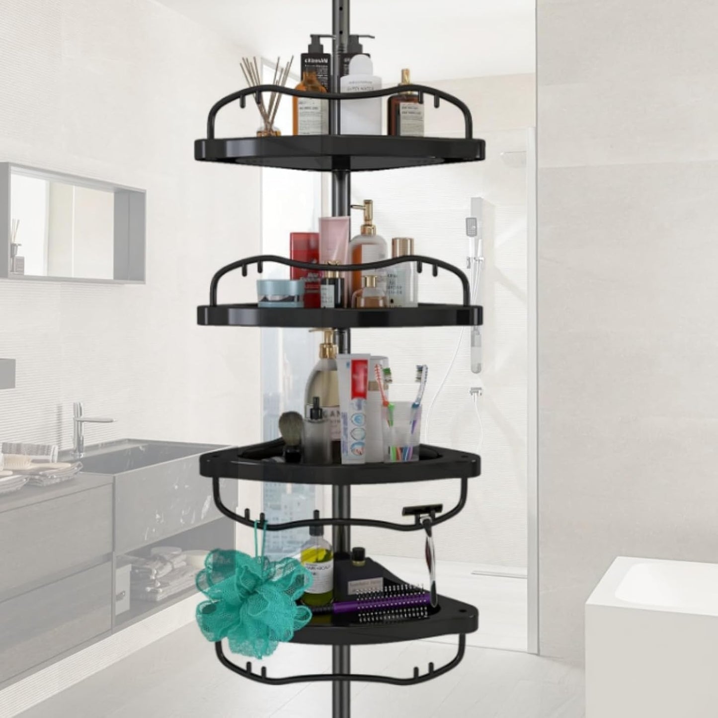 Organiz. ducha con poste ajustable acero inox 4 canastas ABS