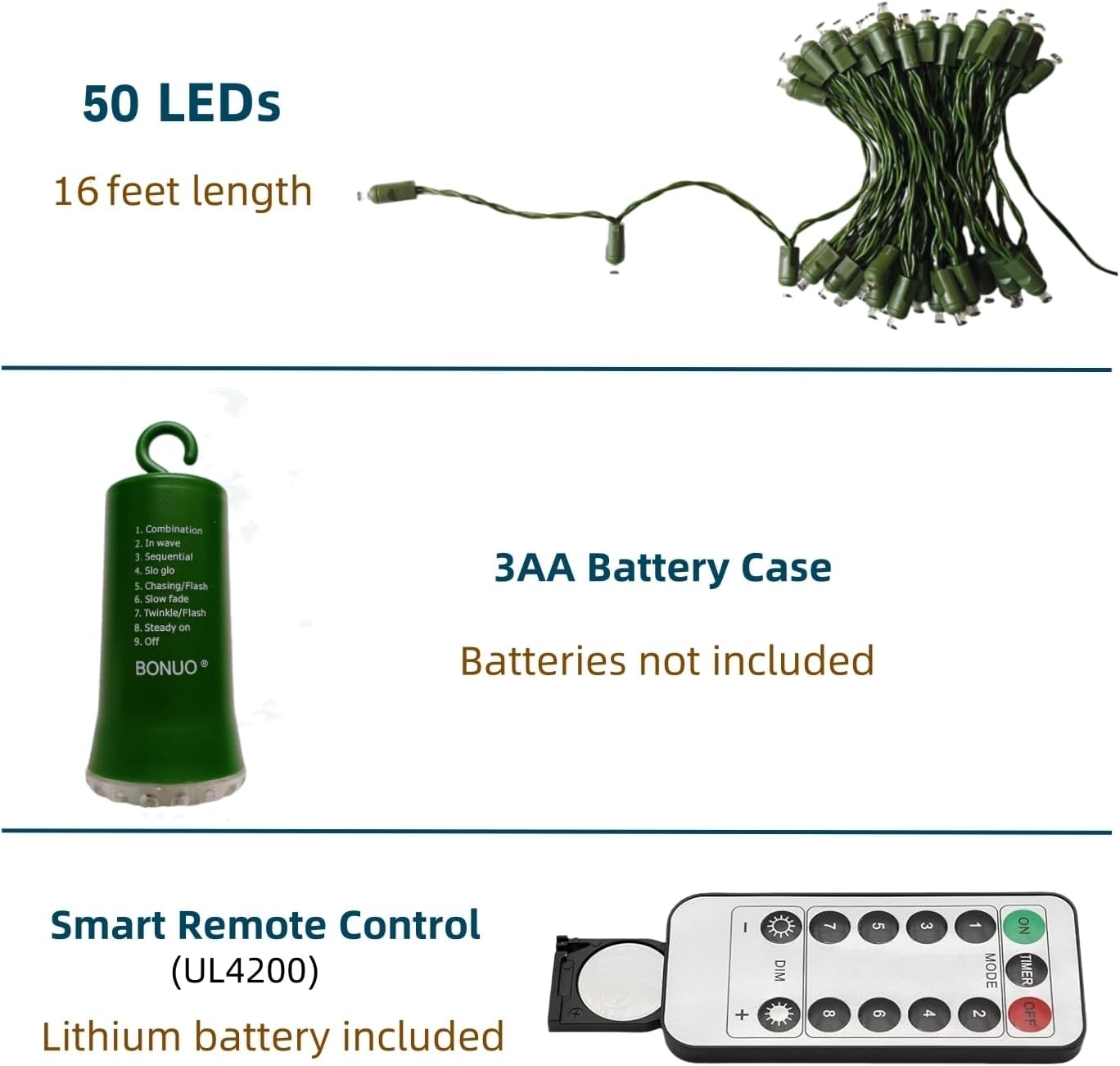 Tira luces LED 16.5pies 50uds temporizador 8 modos