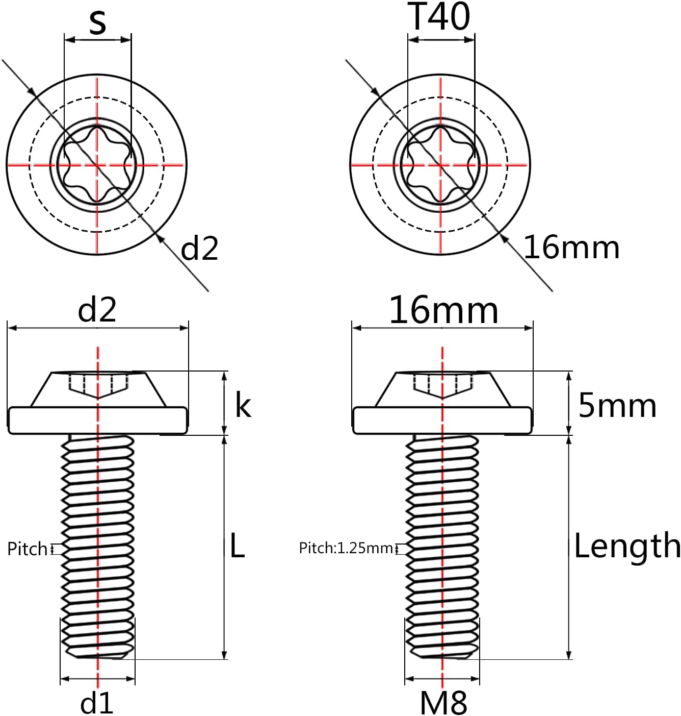 Tornillos Torx Titanio M8x20mm Pack 4 Dorado