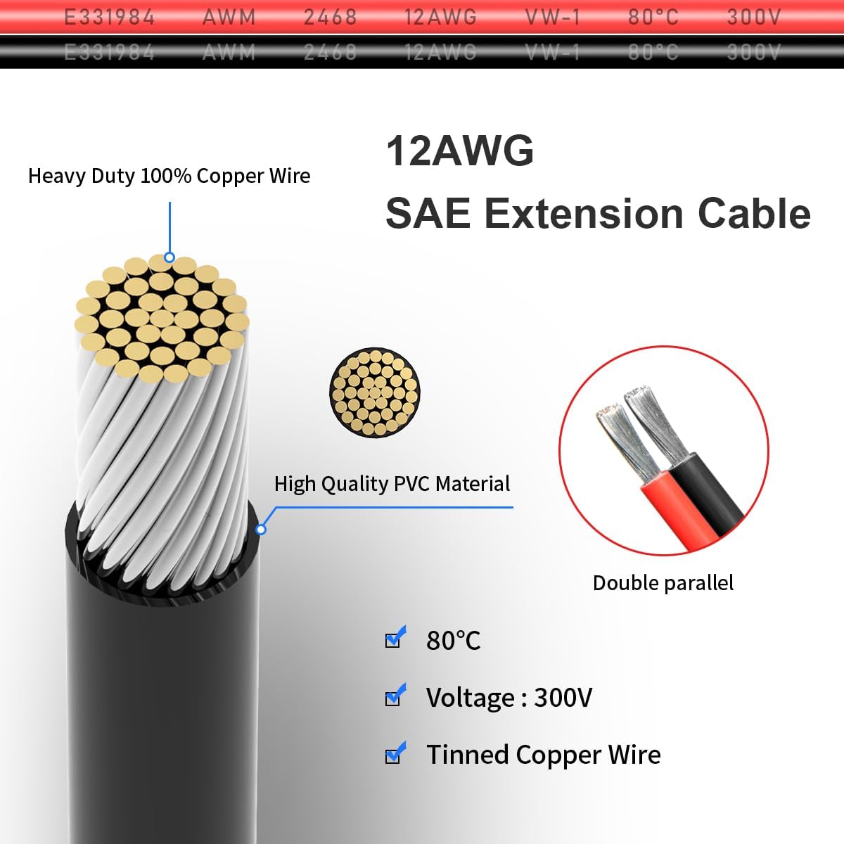 Cable extensión SAE 12AWG 50ft con conector para panel solar