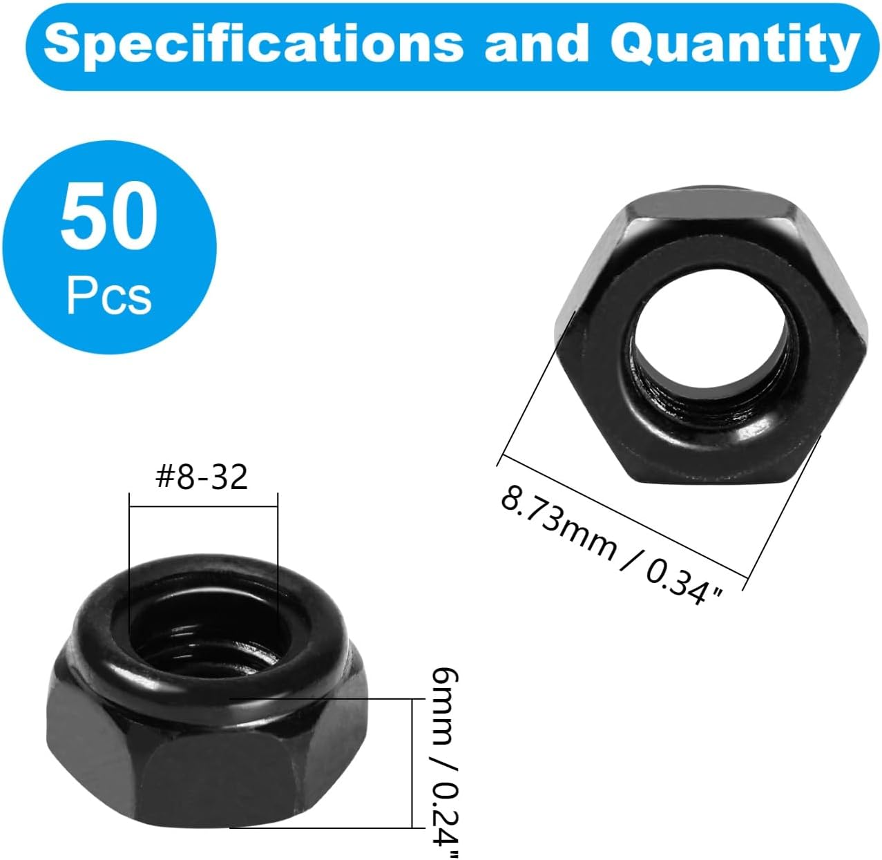 50 Tuercas Nylock Acero Inox 304 Hexagonales #8-32