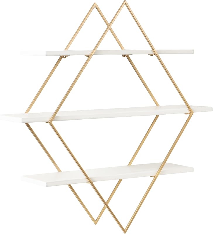 Estante pared madera metal diamantes 31x8x31 blanco dorado