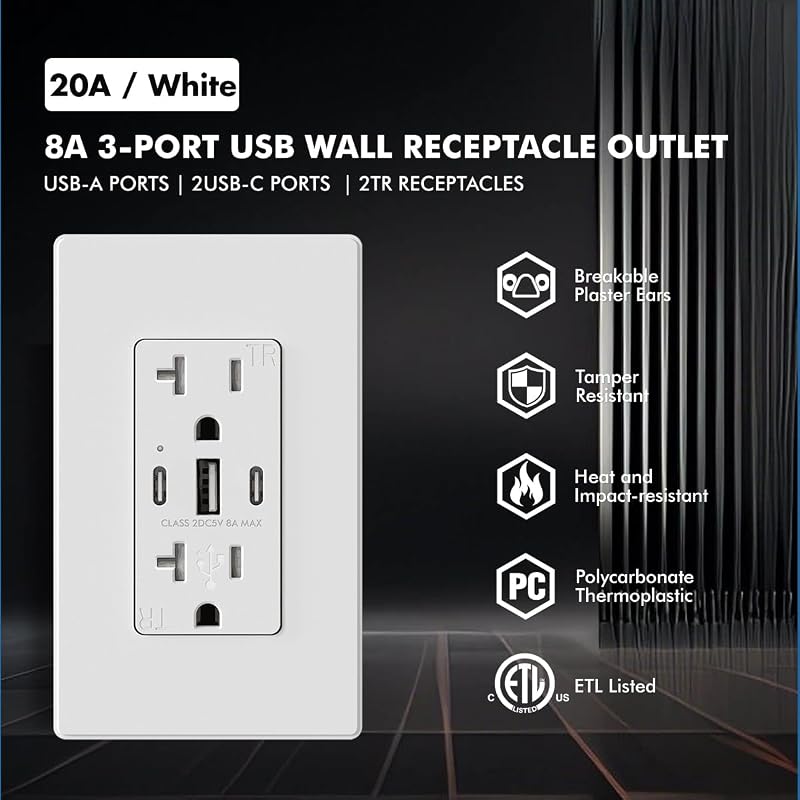 Toma pared USB C 30W 3 puertos 15A cert UL FCC blanco mate