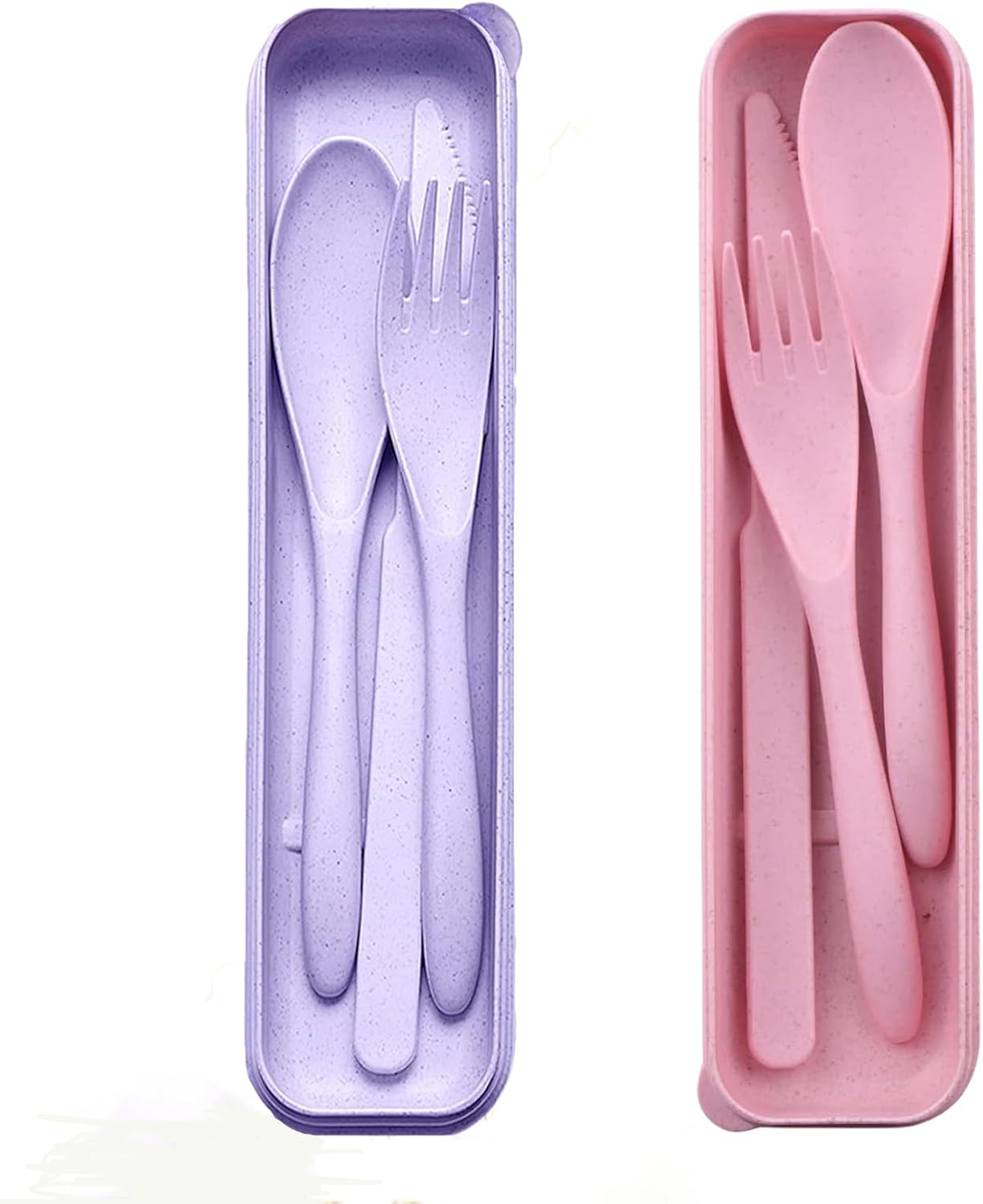 Set 2 cubiertos viaje reutilizables plástico sin BPA morado y rosa