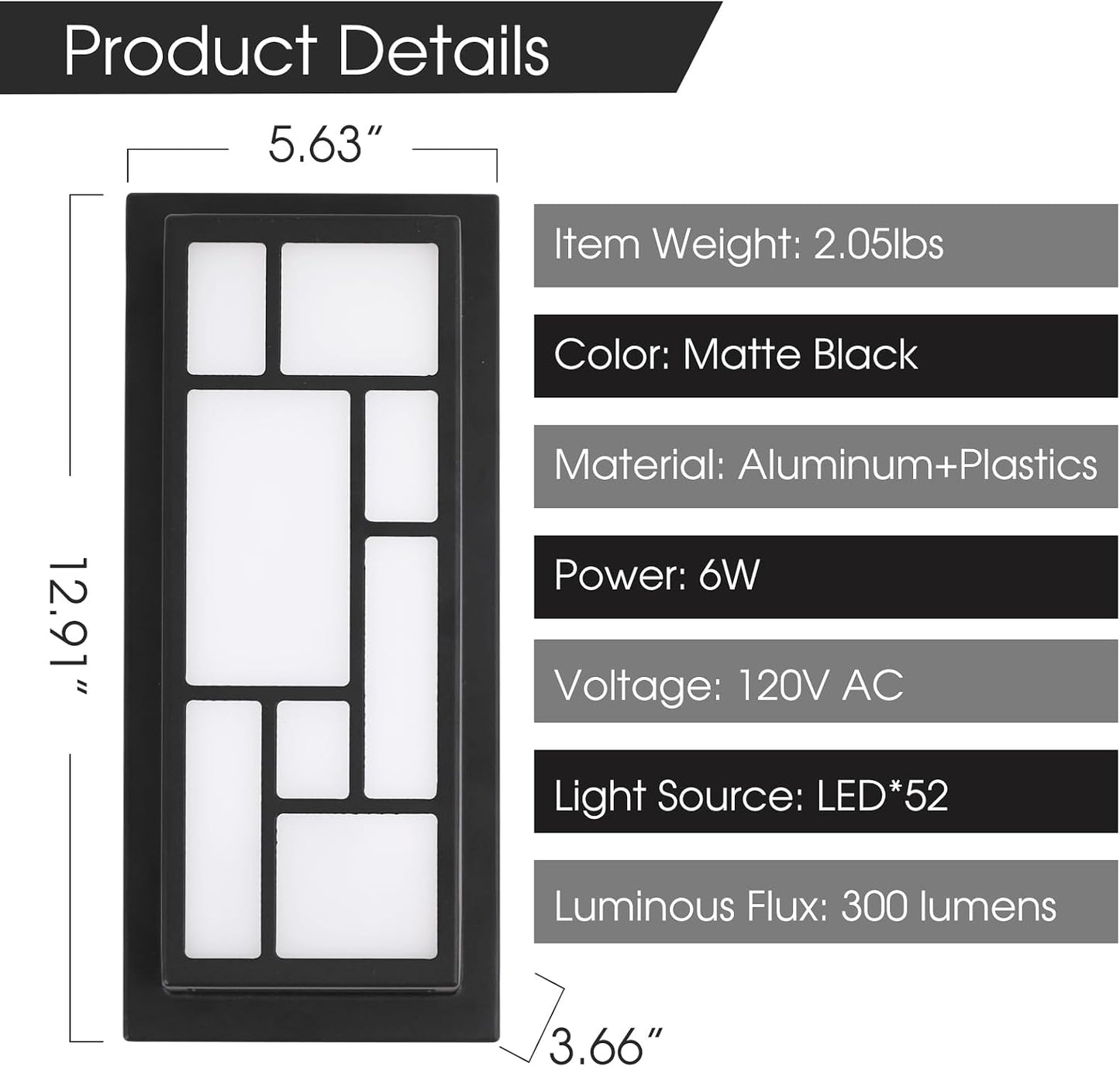 Lámpara pared exterior 13pulg IP65 LED 120V aluminio negro