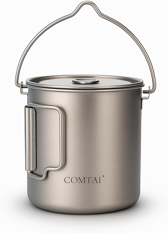 Olla titanio camping 26oz con tapa mango plegable
