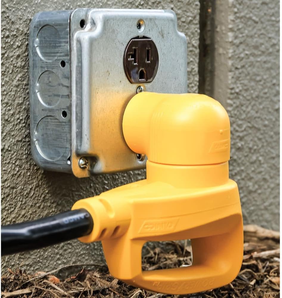 Adaptador eléctrico 90 grados macho 15AMP hembra 30AMP amarillo