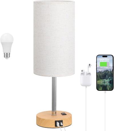 Lámpara táctil madera mesita noche con USB y carga