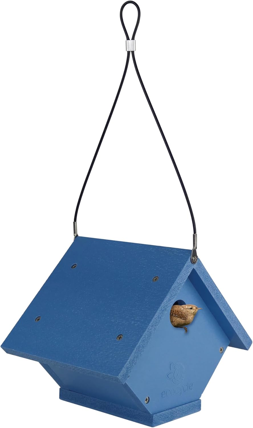 Casa pájaros plástico reciclado puerta limpia azul