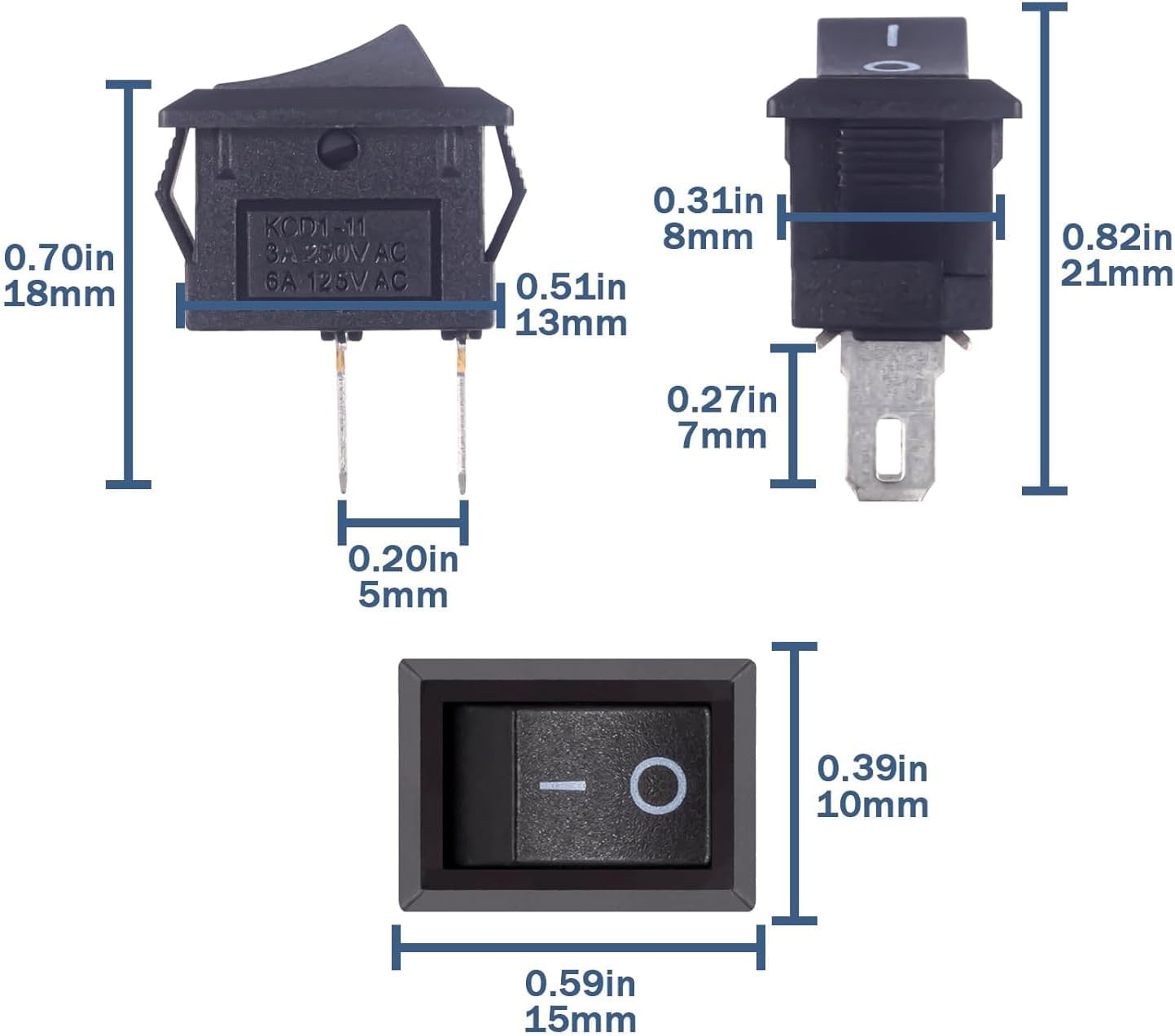 10 Pzas Interruptor Palanca 2 Pines 250V 10x15mm Cuadrado Negro