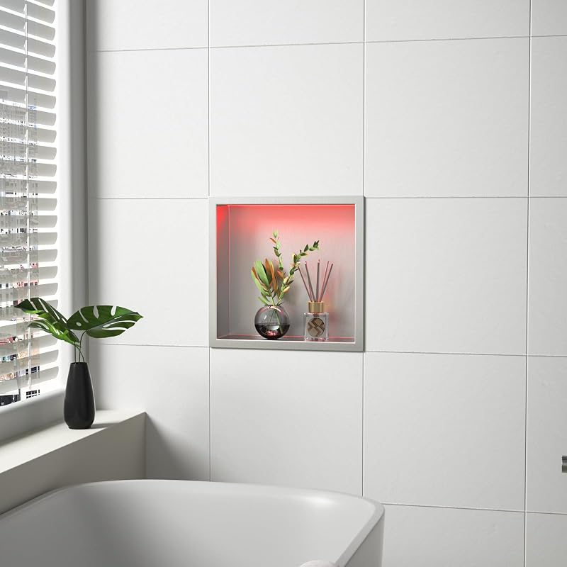 Nicho ducha LED acero inox 12x12 pulg luz RGB impermeable