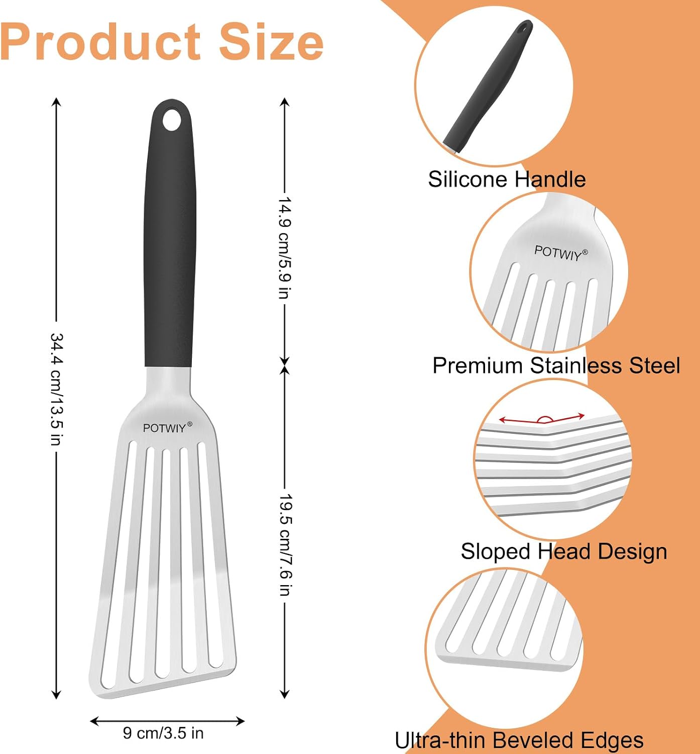Espátula ranurada acero inox mango silicona para sartén