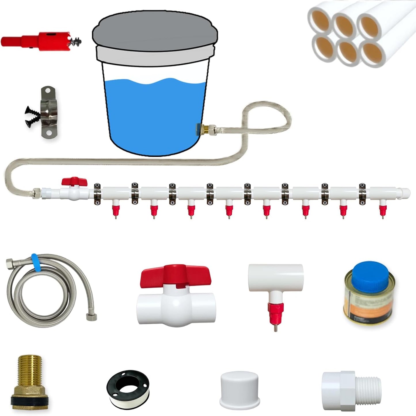 Sistema riego pollo DIY PVC 1/2" acero inox