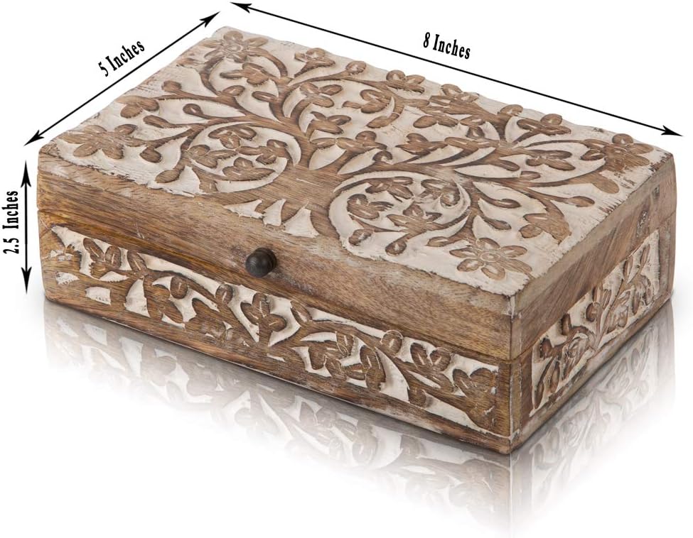 Caja joyas madera tallada árbol vida decorativa