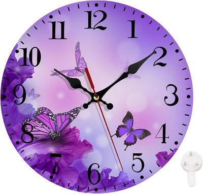 Reloj pared redondo 10pulg silencioso con flores moradas
