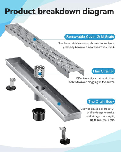 Drenaje ducha lineal 54pulg acero inox 304 rejilla extraible